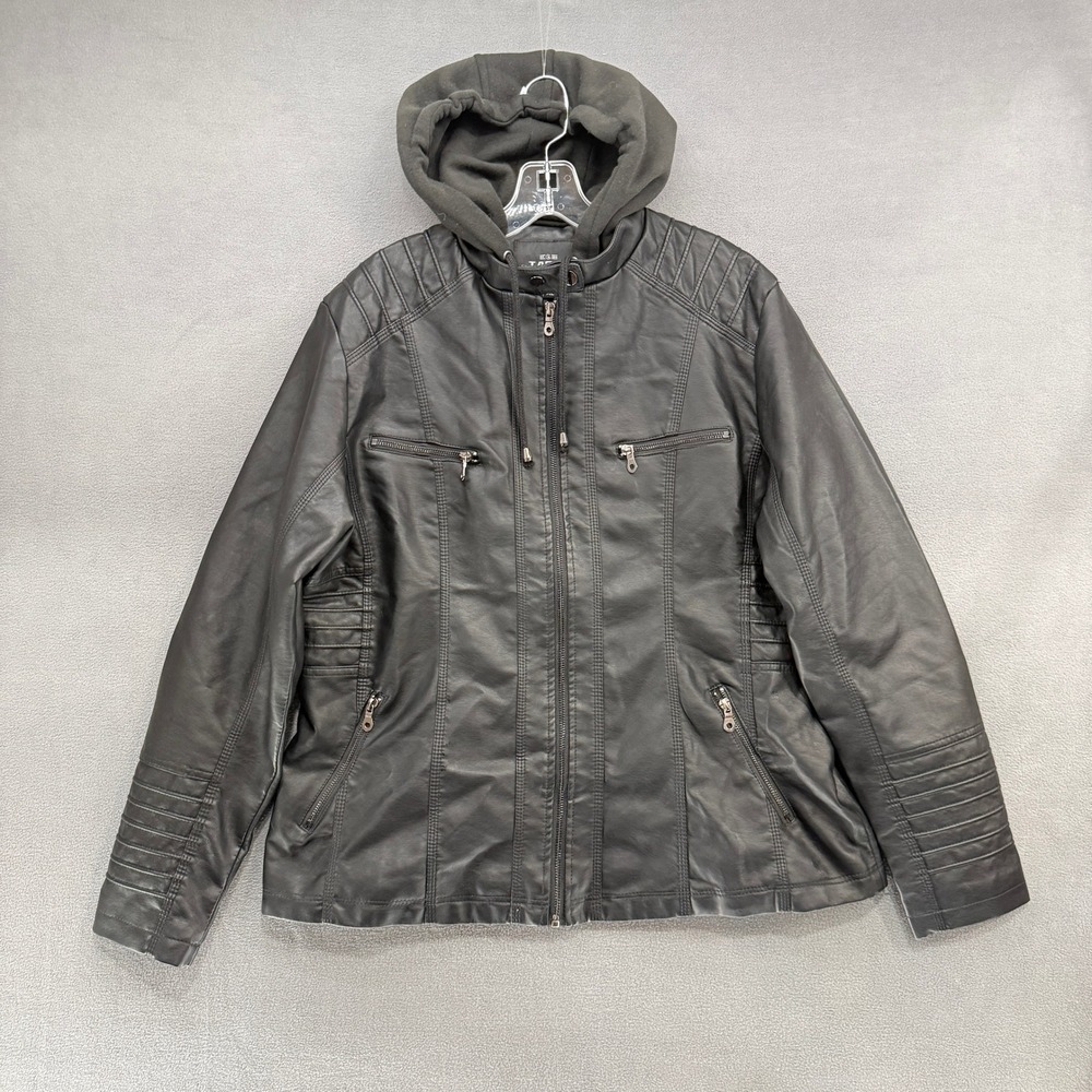 Tagoo Biker Jacket Mens XL Black Faux‎ Leather Removable Hooded Bib Moto Coat